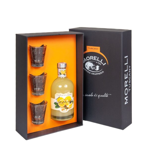 Geschenkbox - Limoncino - Zitronenlikör 50 cl + 3 Gläser - Morelli